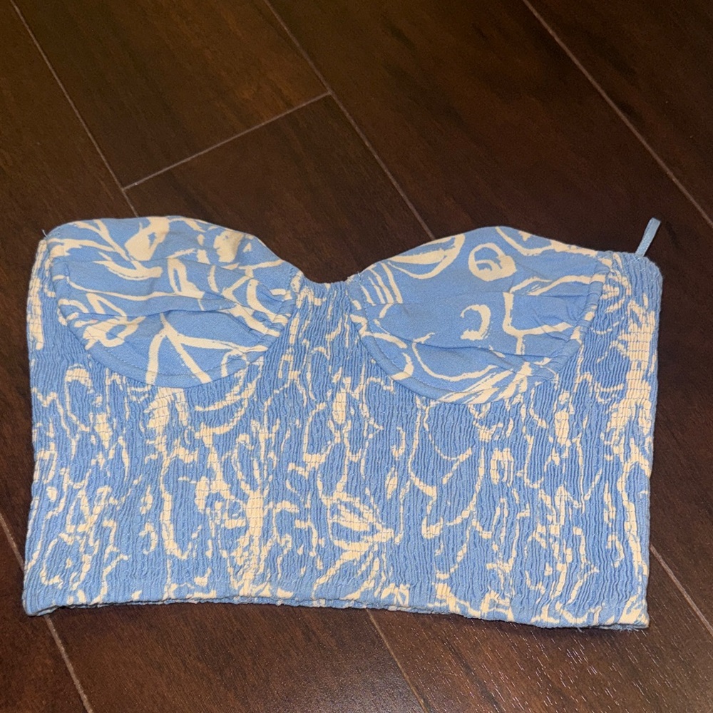 Light Blue and Cream Strapless Bustier Top